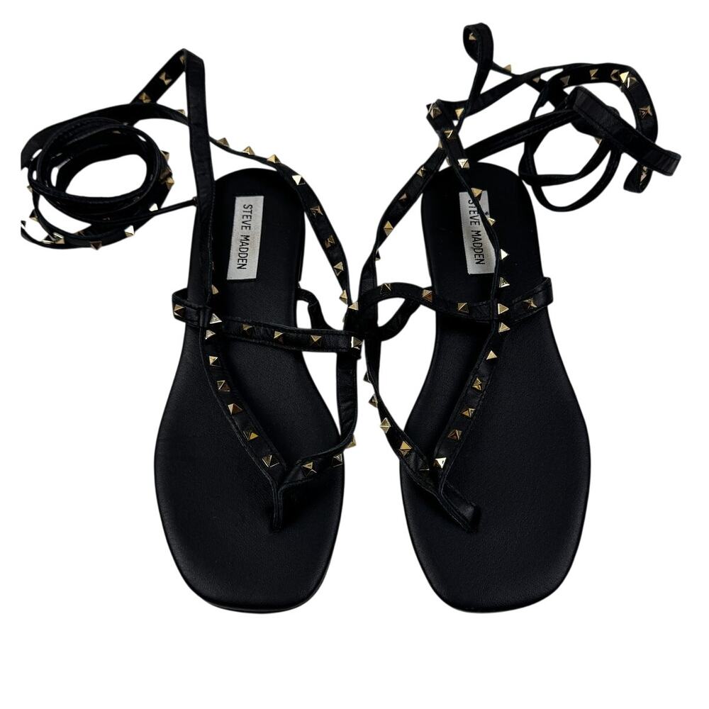Steve Madden Miami Leather Gold Stud Ankle Wrap Boho Sandals Women's Size 8